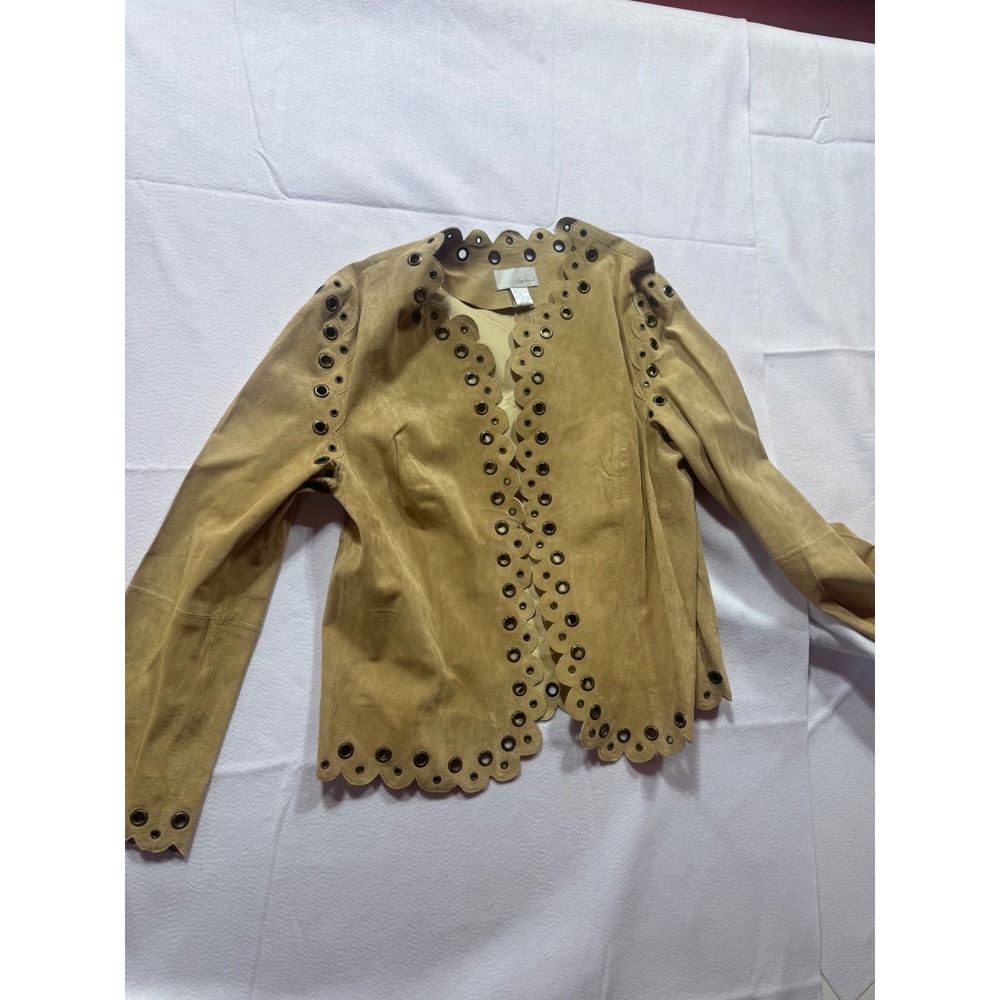 Spiegel Tan Leather Scalloped Grommet Eyelet Open Front Jacket Tan Suede Size 12